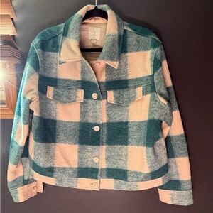 Joie Plaid Teddy Jacket in Pink and Teal